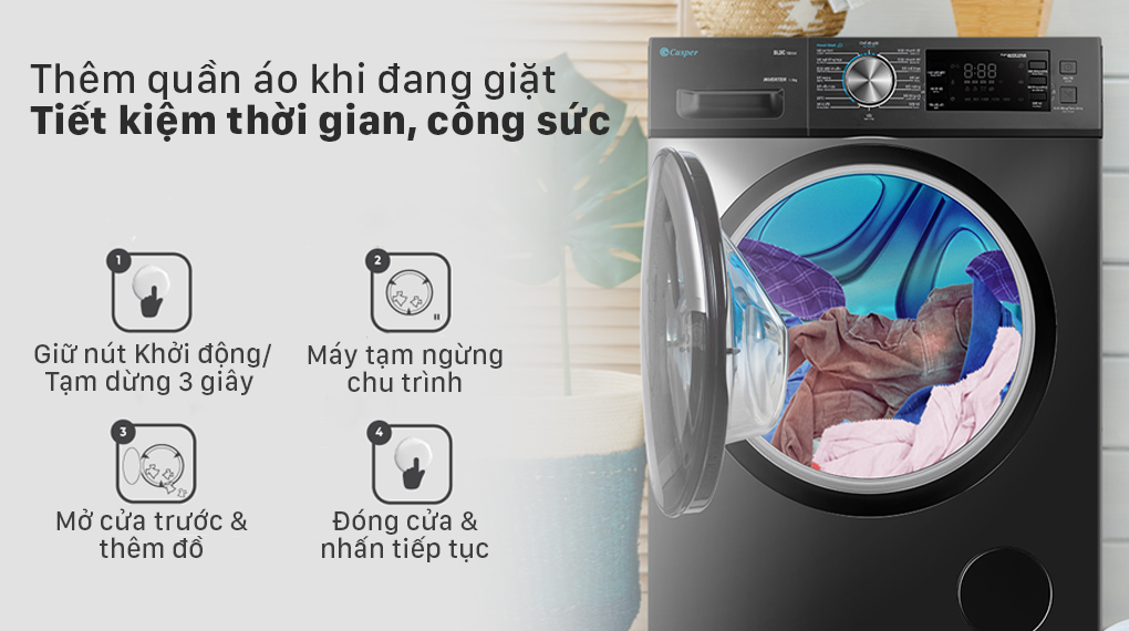 Máy giặt Casper Inverter 12.5 kg WF-125I140BGB - Thêm quần áo