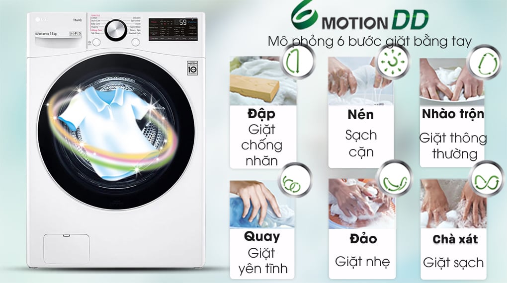 Electrolux Inverter 15 Kg F2515STGW- Bảo vệ sợi vải tối ưu, giảm xoắn rối quần áo với công nghệ giặt 6 chuyển động
